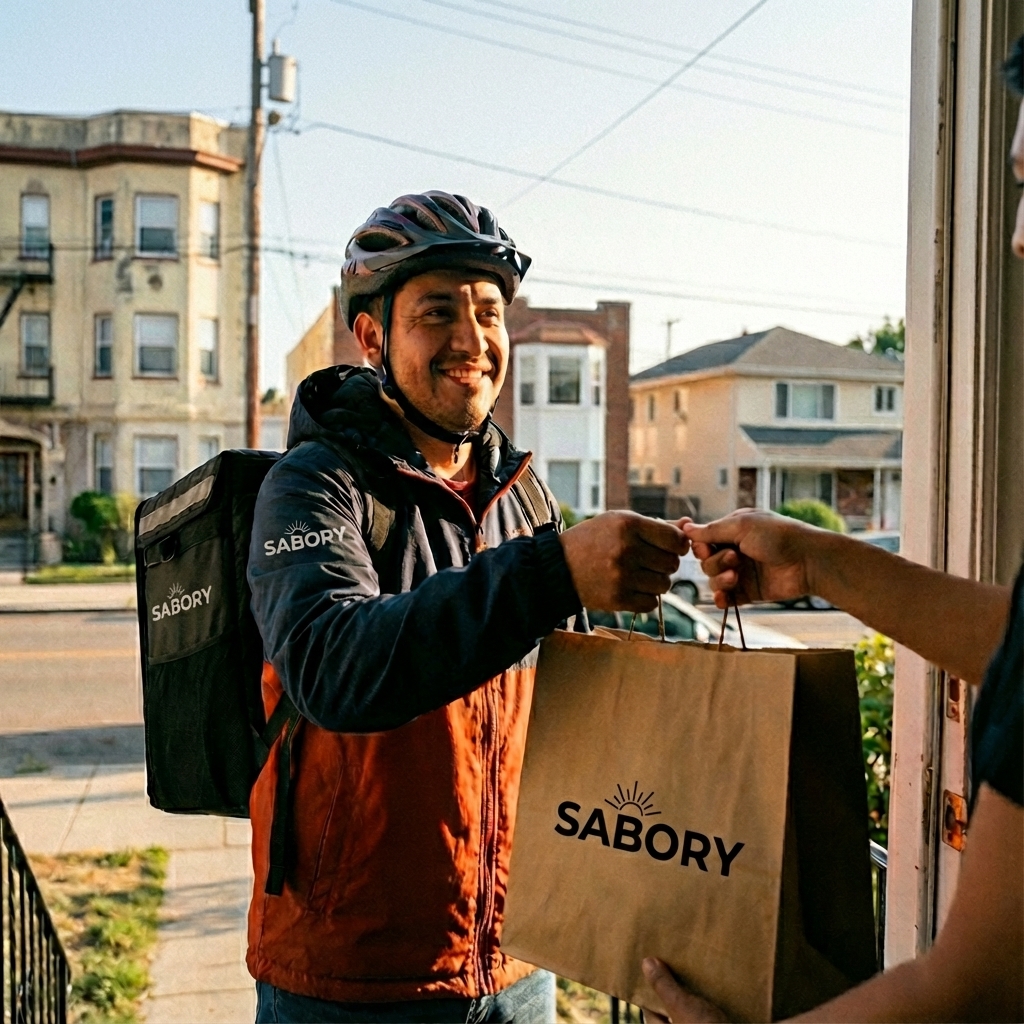Repartidor de Sabory Eats entregando un pedido con una sonrisa