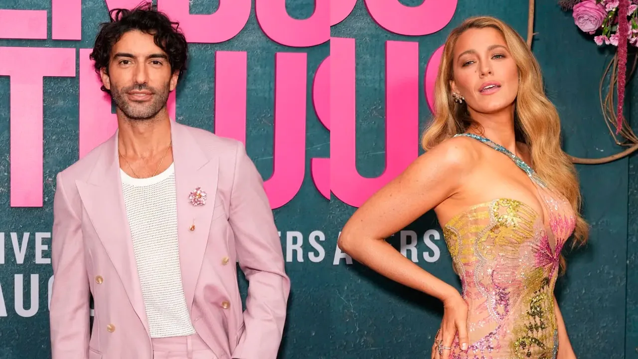 A depiction of Blake Lively and Justin Baldoni in a courtroom setting.