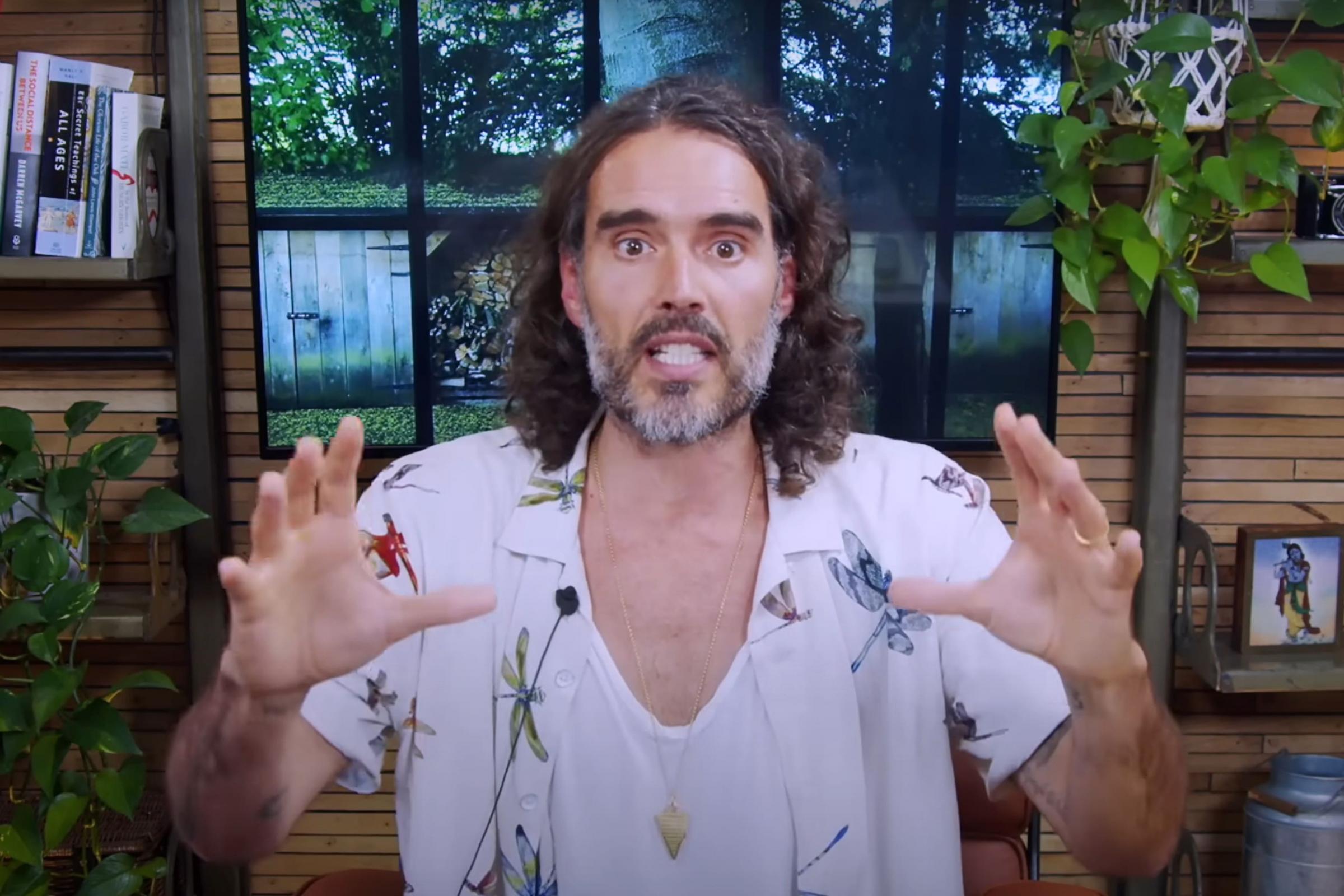 Russell Brand during a Rumble video stream.
