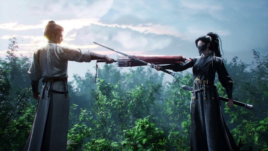 Two characters in a cinematic scene from the game Where Winds Meet.