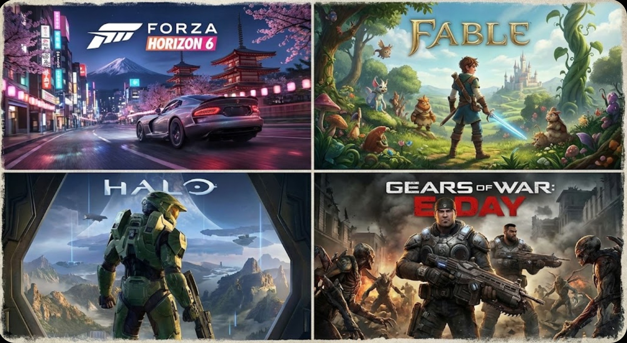 A collage of upcoming Xbox games: Fable, Forza Horizon 6, Gears of War E-day, and Halo.