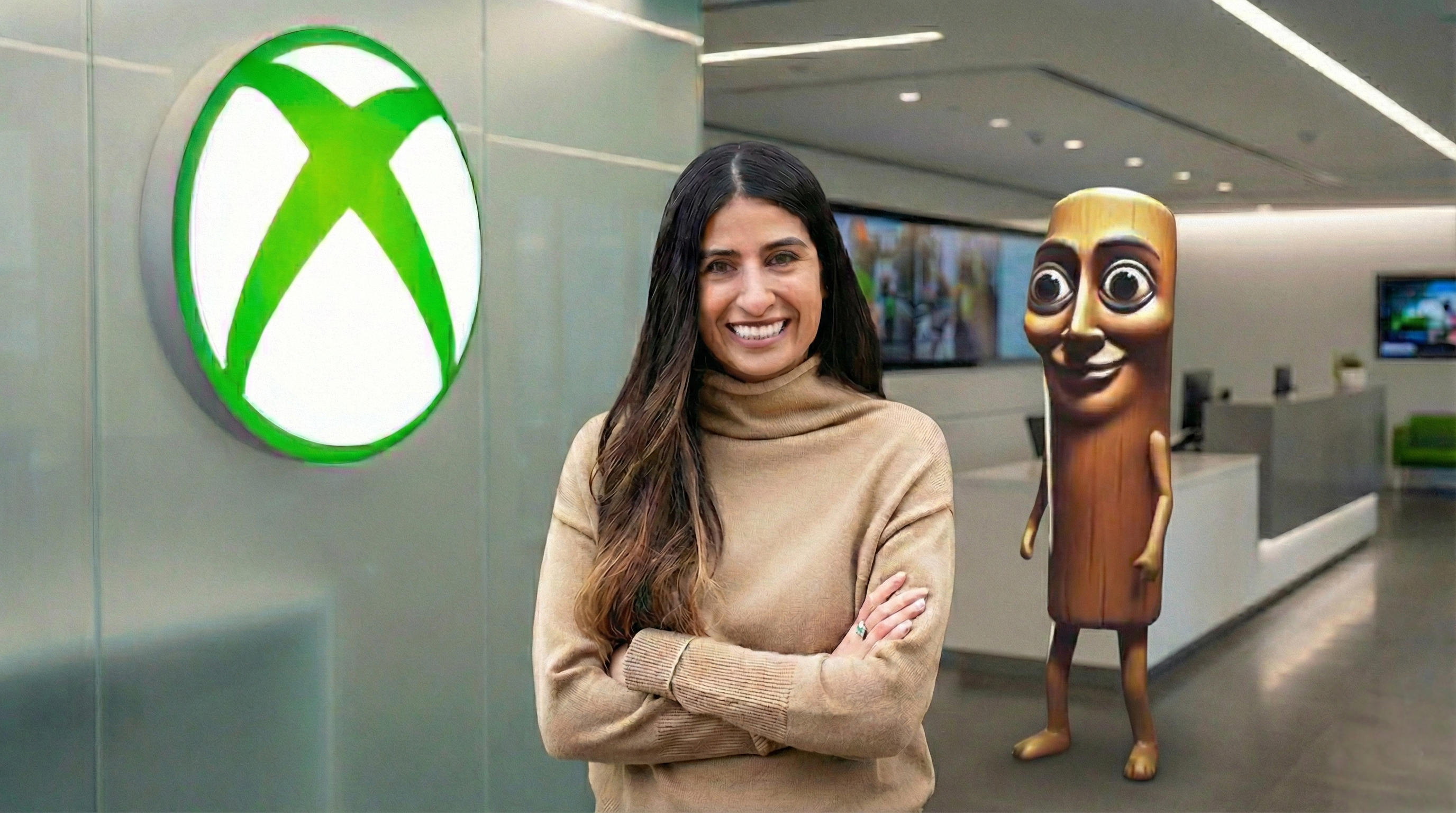 Asha Sharma, the new CEO of Microsoft Gaming, with an AI-themed background.