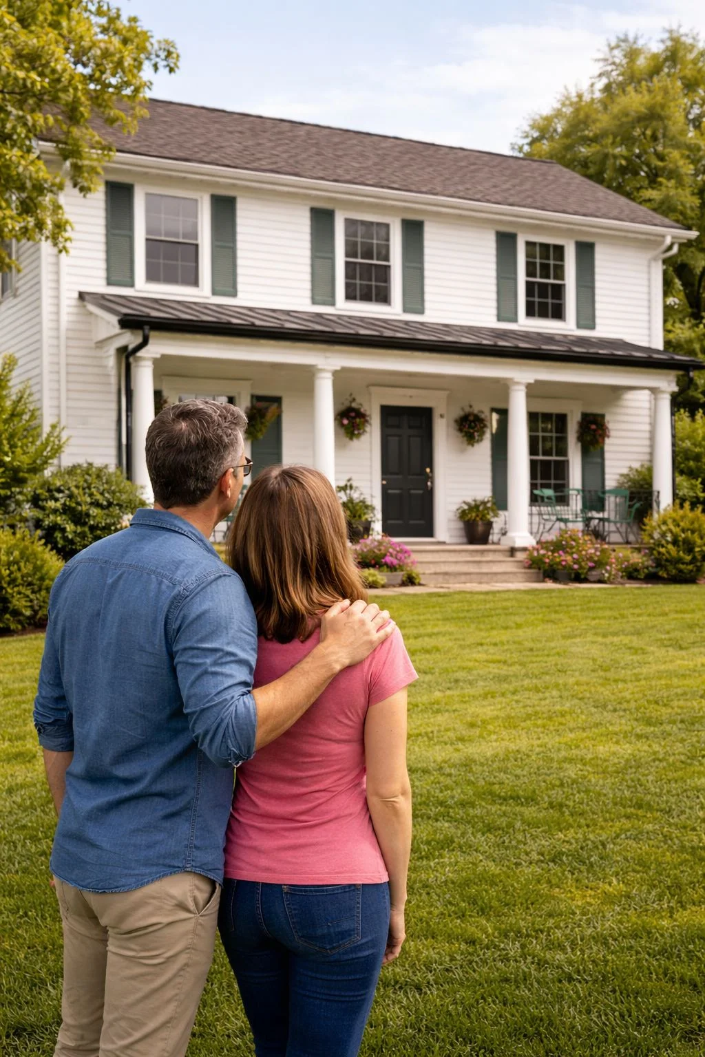 Happy family in front of home
