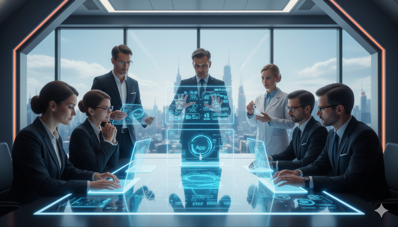 A diverse group of professionals collaborating in a modern office.