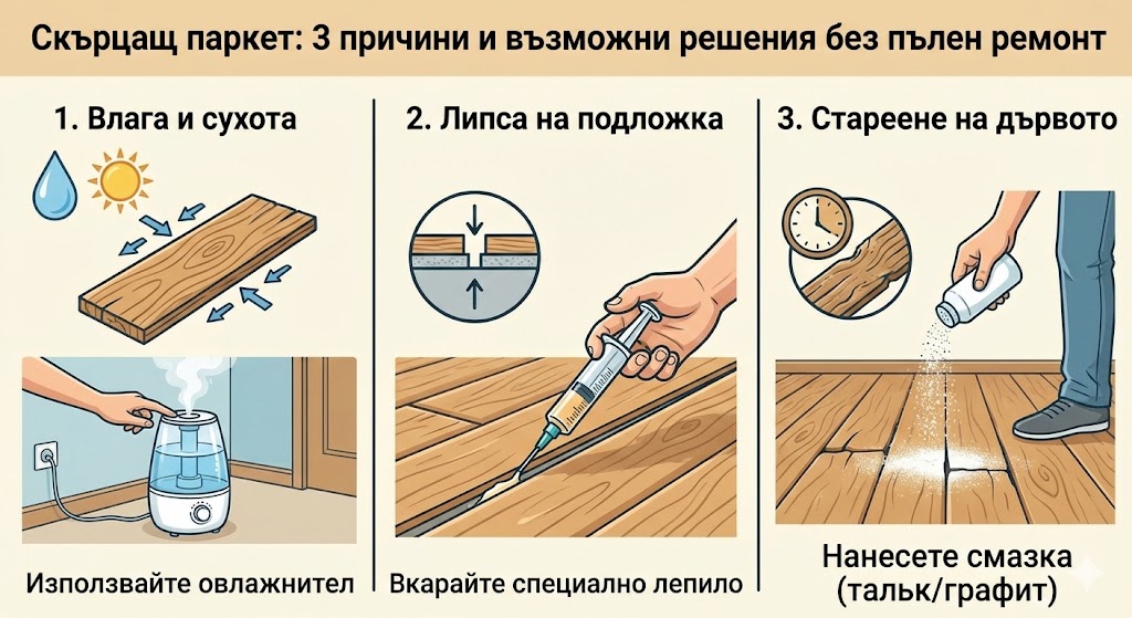 Скърцащ паркет: 3 причини и лесни решения без пълен ремонт