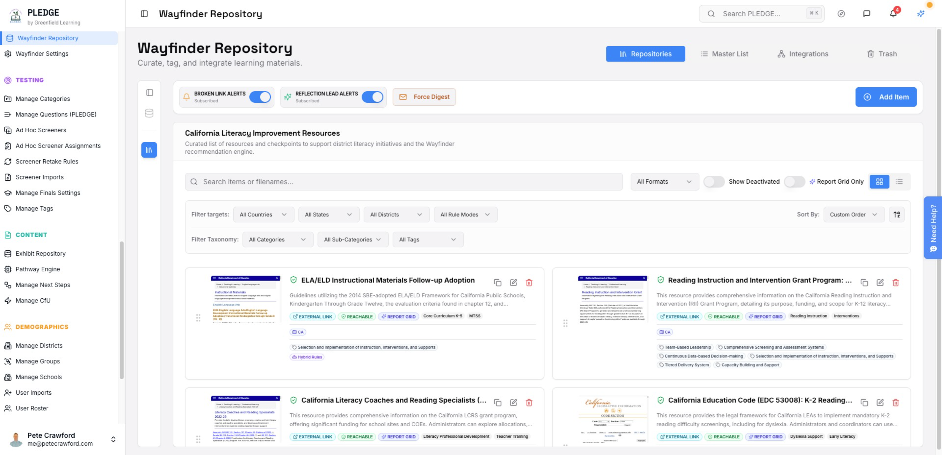 Wayfinder Repository Dashboard for California Literacy Improvement Resources
