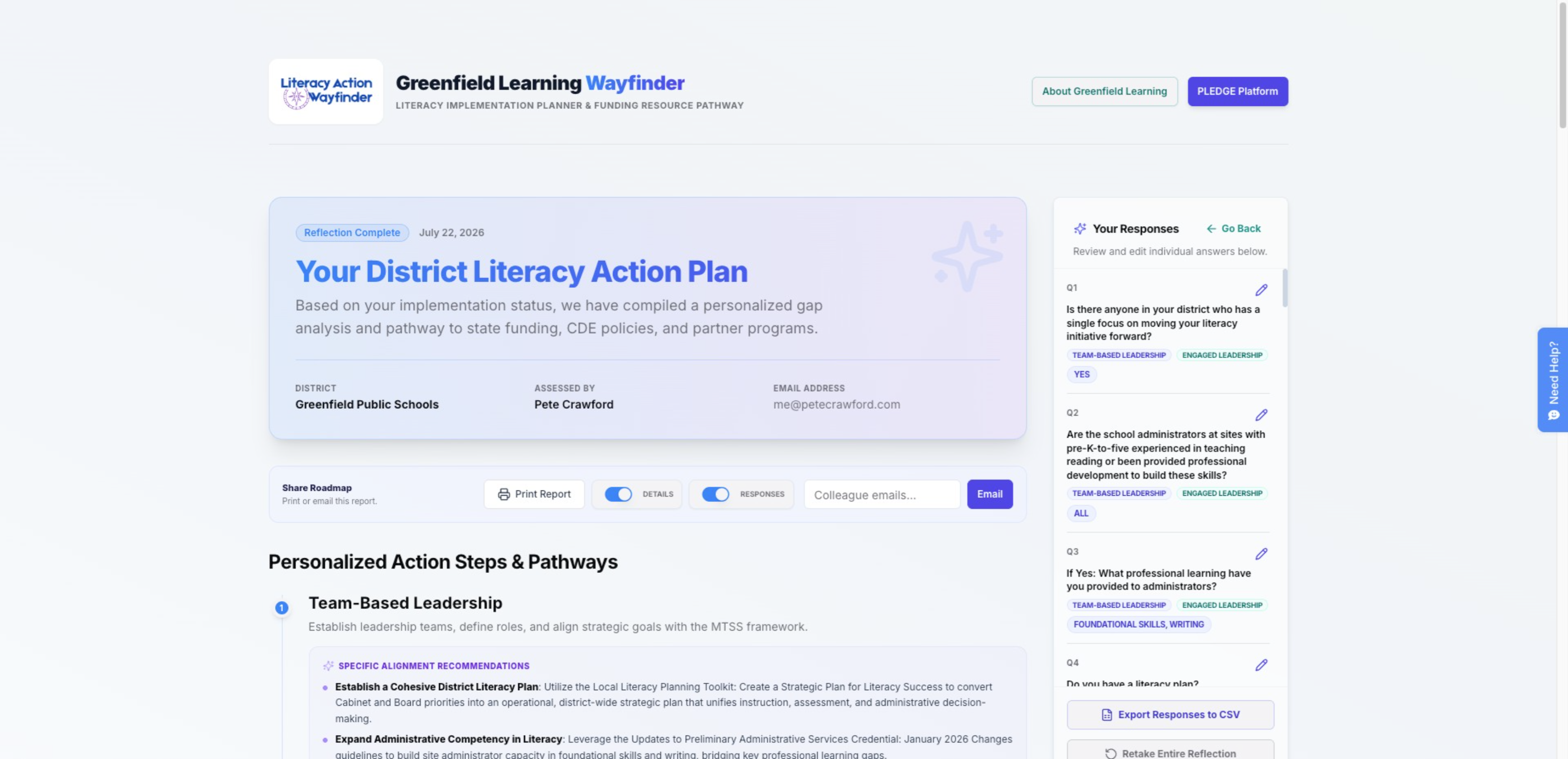 Greenfield Learning Wayfinder District Literacy Action Plan Dashboard