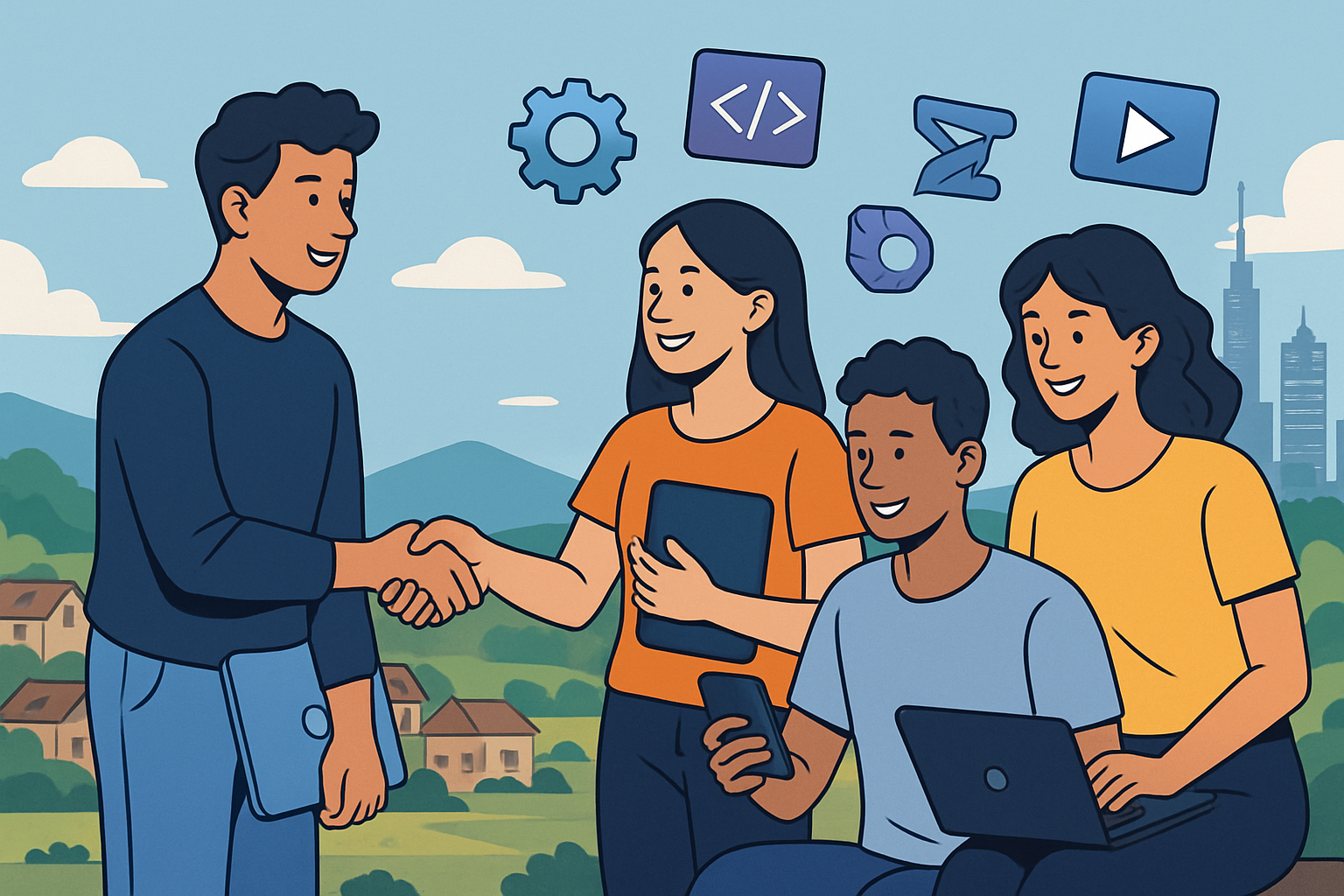 A group of young people collaborating on a laptop.