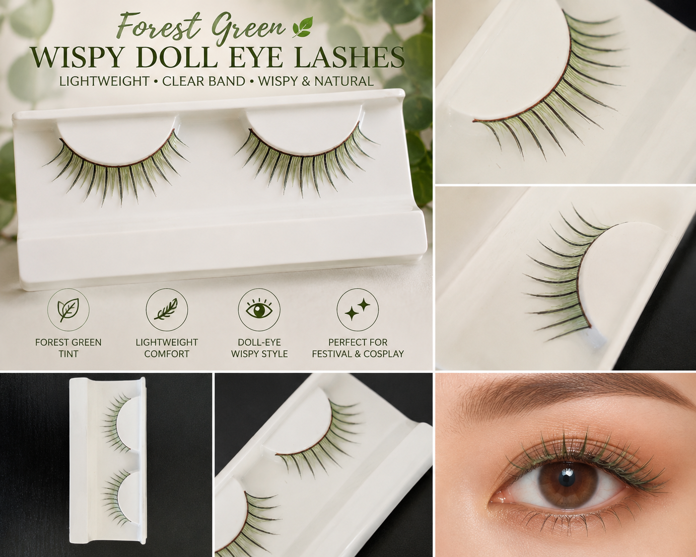 Forest Green Fake Eyelashes - Wispy
