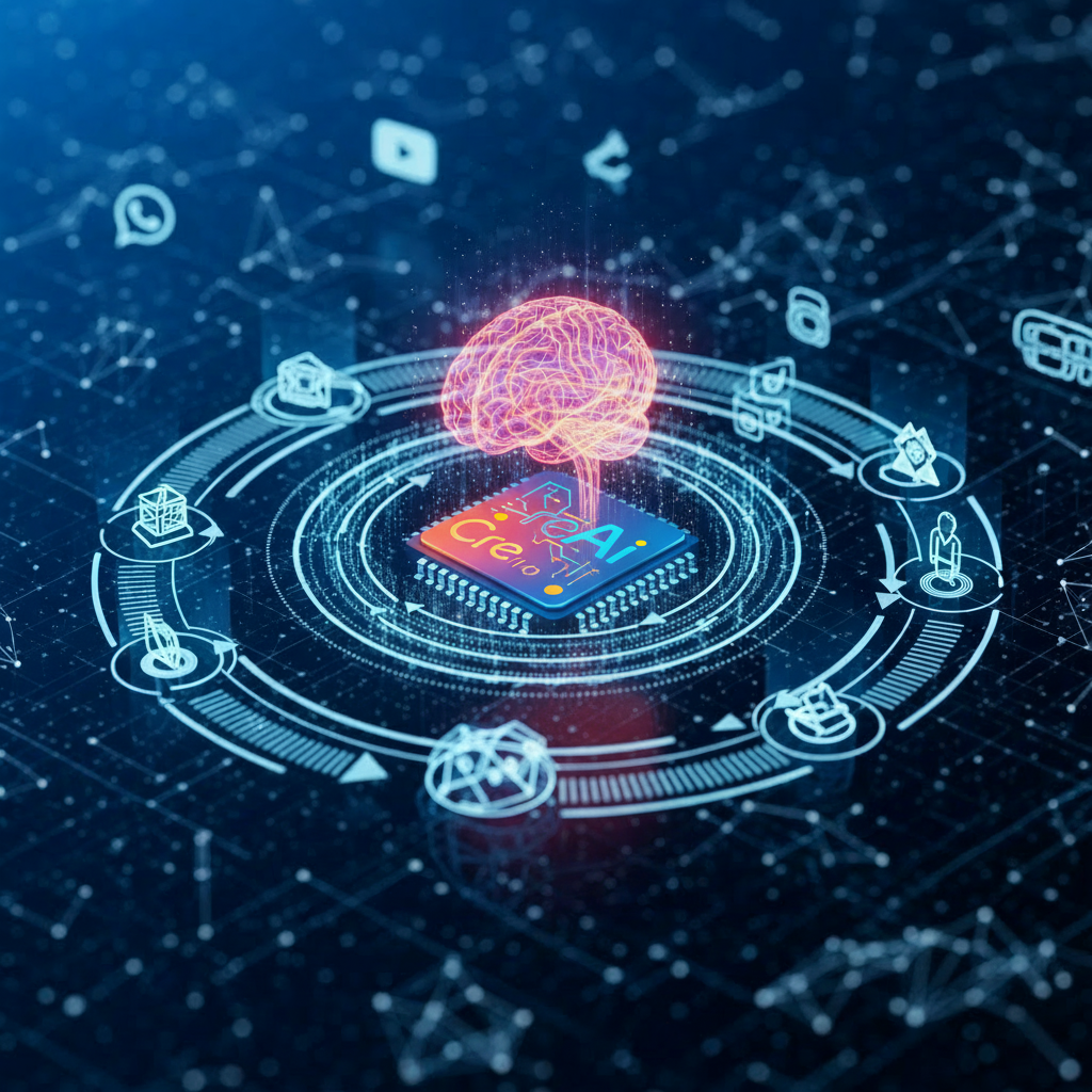 Abstract technology background with a brain on a CPU, representing artificial intelligence.