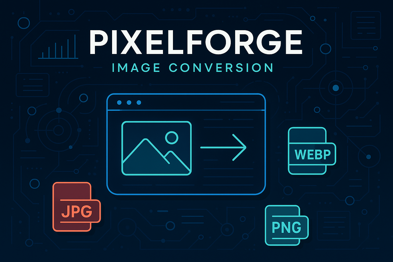 A branded hero image for PixelForge showing the process of image conversion between different formats like JPG, PNG, and WebP, with a dark, futuristic, technical background.