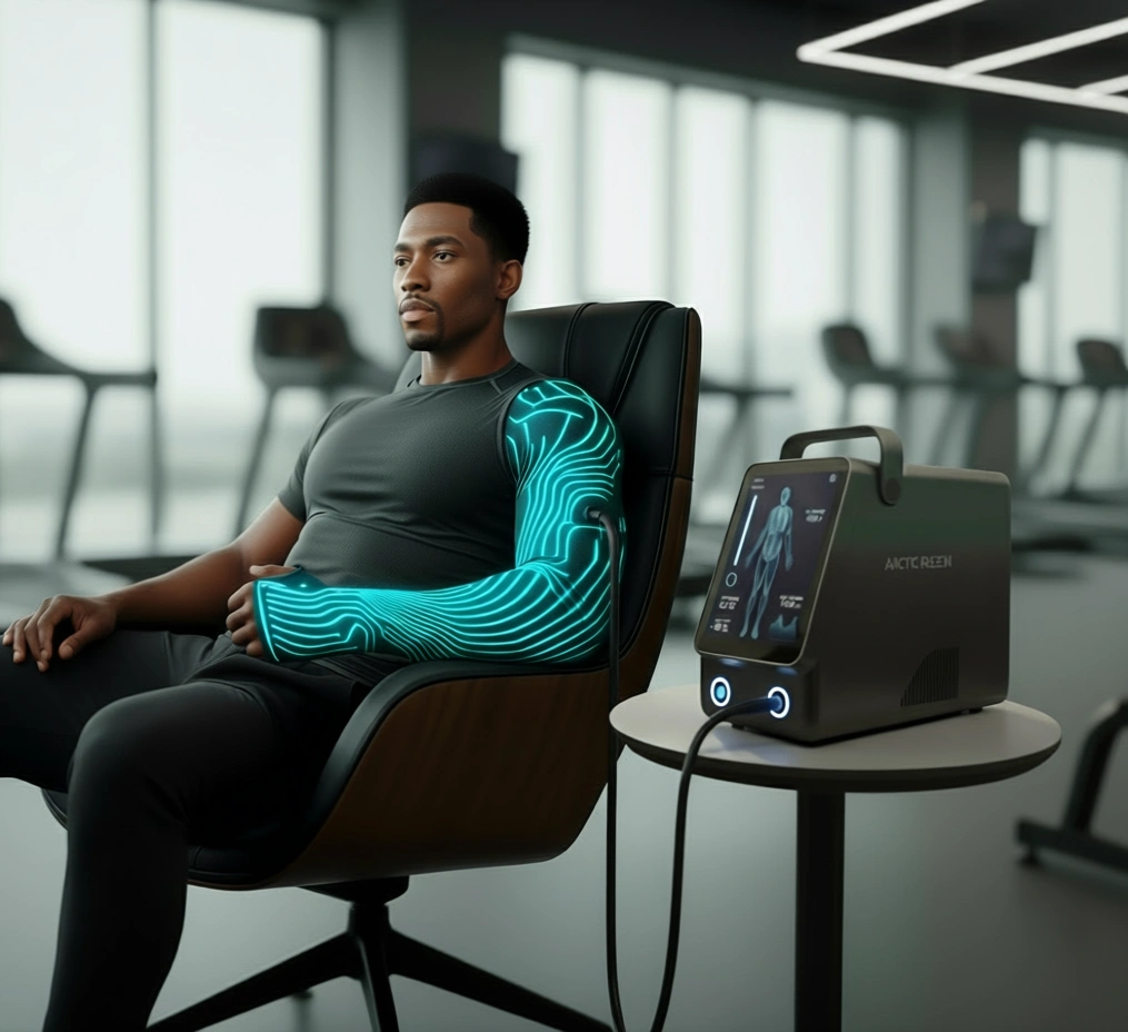 Person using the targeted arm suit while sitting in a gym.