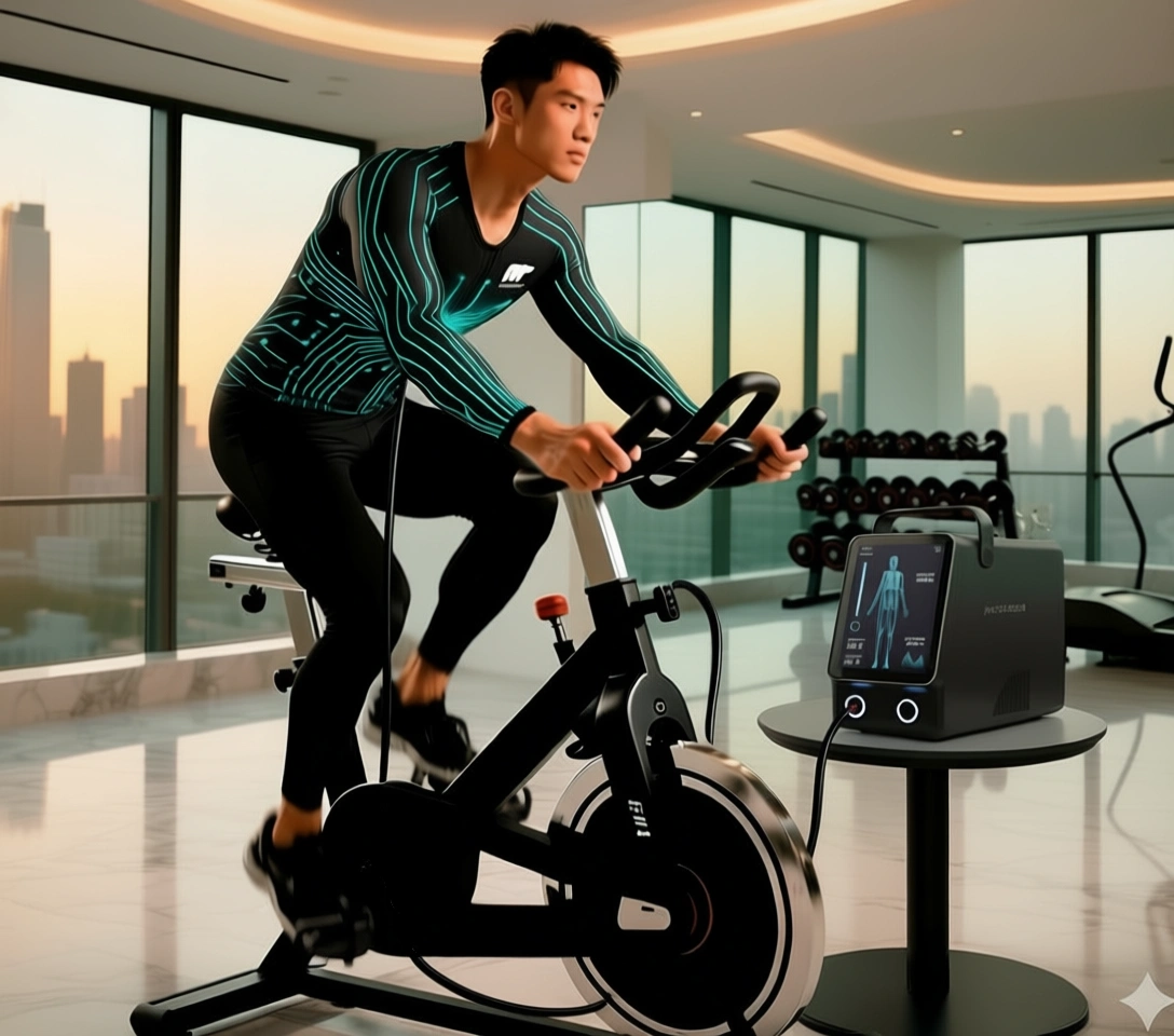 Person on an exercise bike wearing the full body Arctic Regen suit.