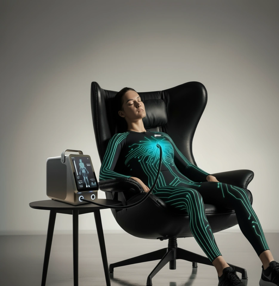 Person resting in a chair while wearing the full body Arctic Regen suit.