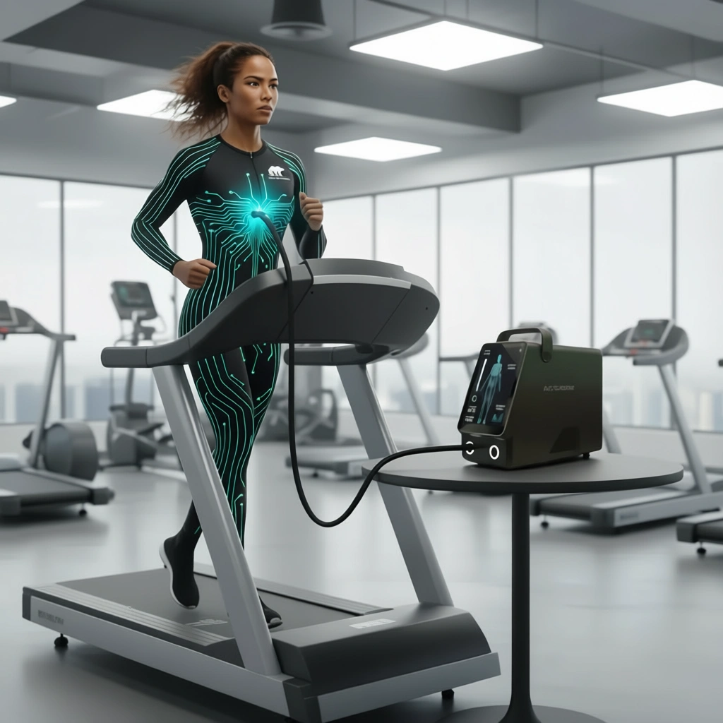 Person running on a treadmill wearing the full body Arctic Regen suit.