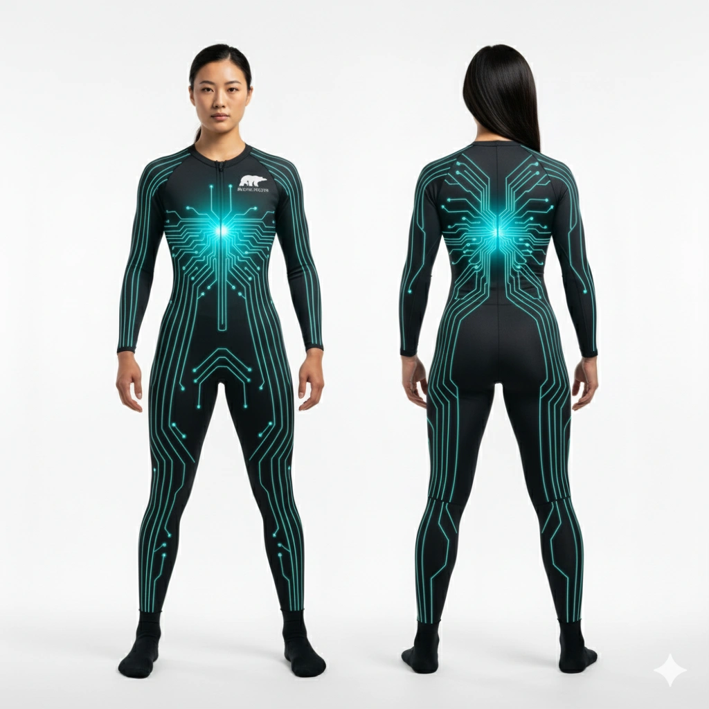 A person wearing a more robust, slightly bulkier black suit with prominent blue glowing panels.