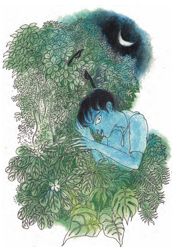 Illustration of a person amidst dense foliage under a crescent moon, depicting a character in contemplation.