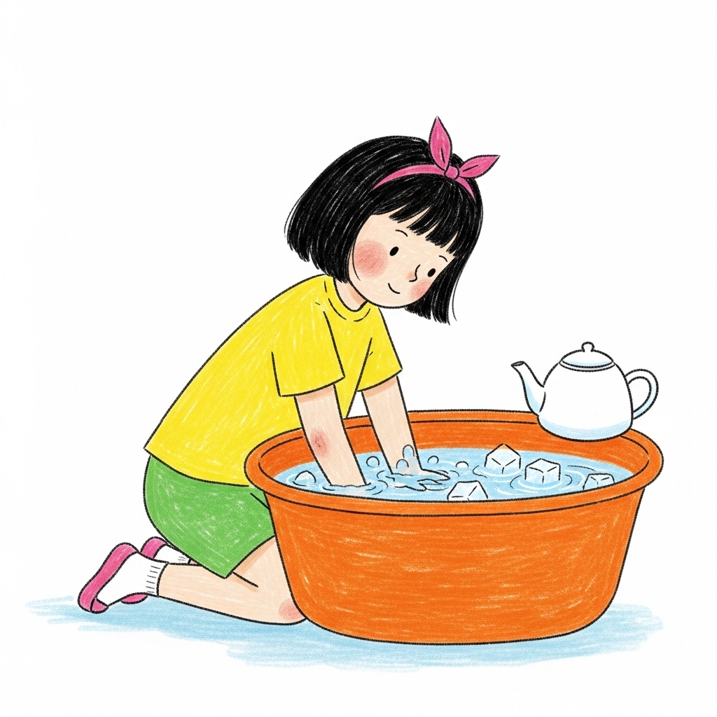 A girl with a bowl full of ice cubes, suggesting the application of ice for an injury.