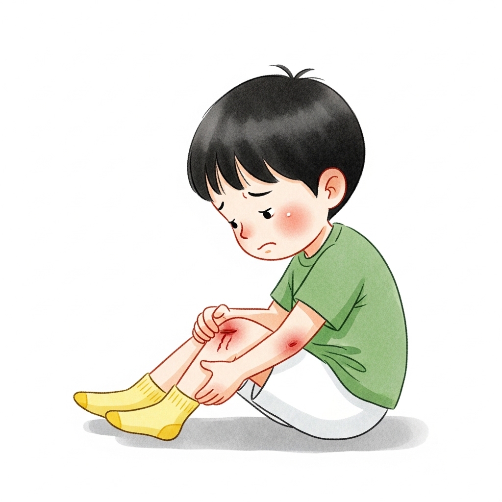 A boy sitting, holding his injured knee with a scrape, implying an external injury to the skin.