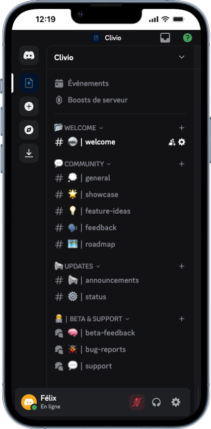 A screenshot of the Clivio Discord server channels.