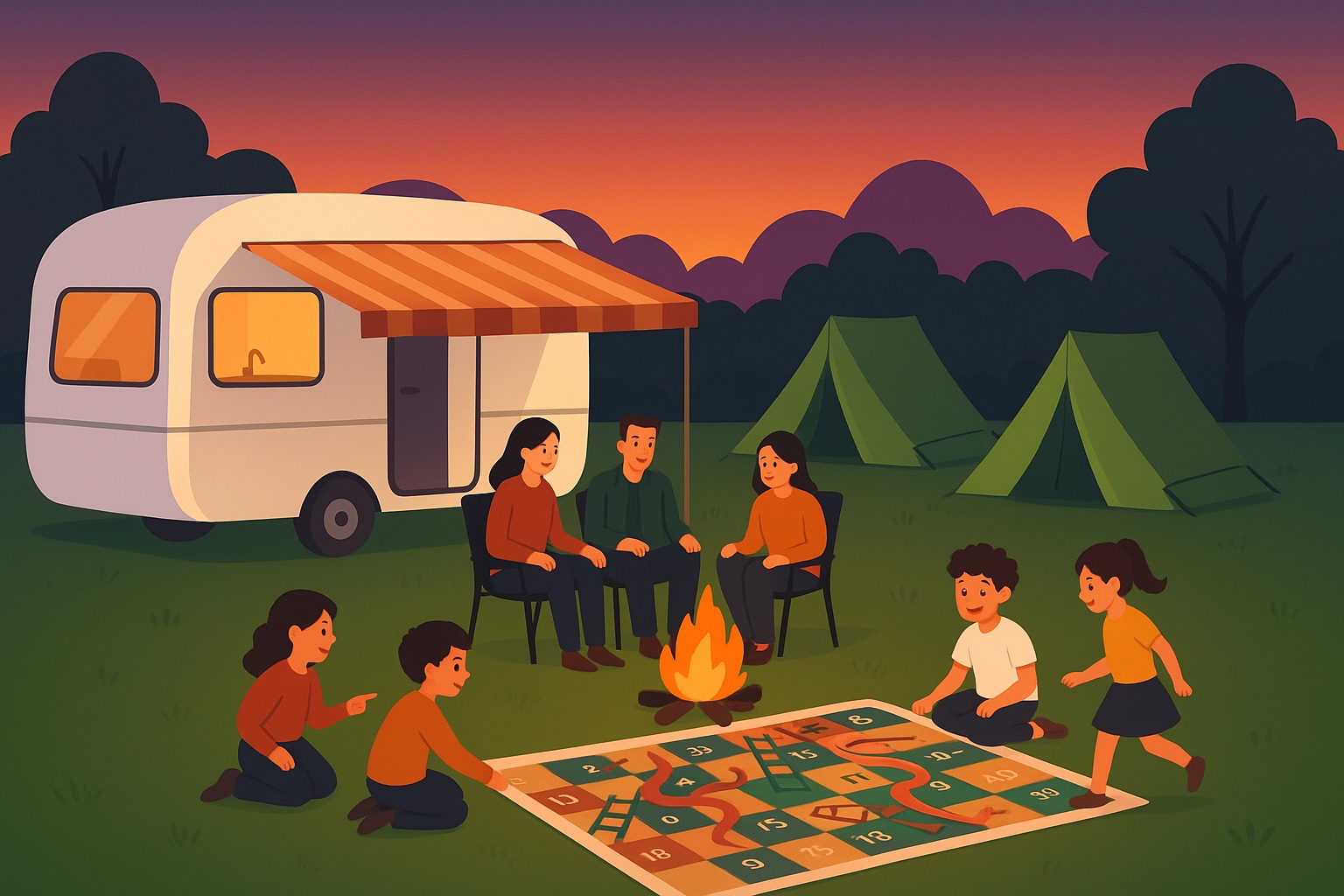 Lush green valley with a tent at sunrise