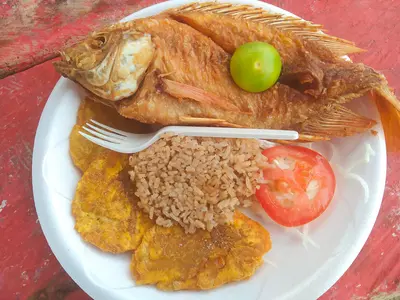 Pescado con patacones y arroz de coco