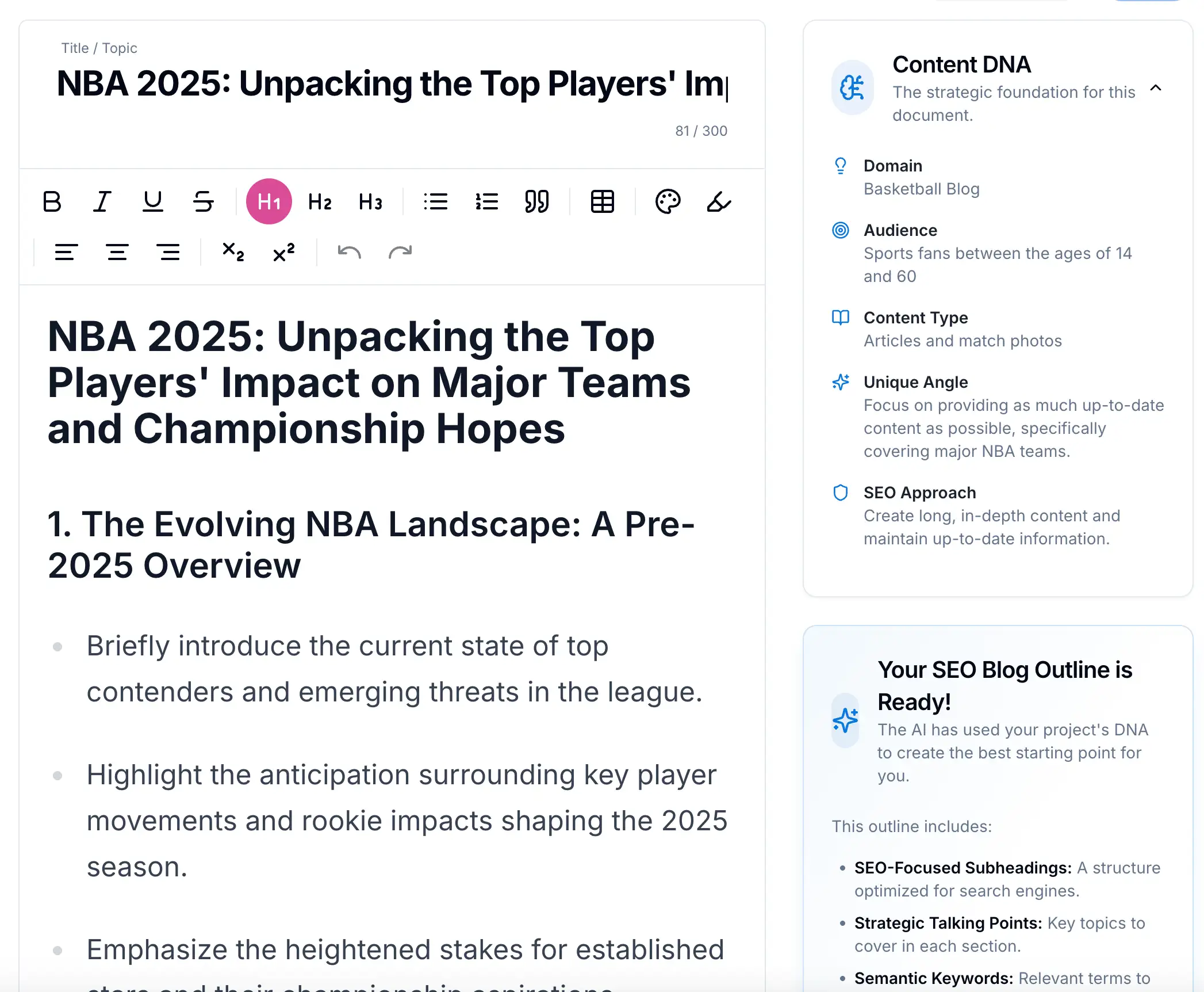 A screenshot of a strategic outline inside the content editor.