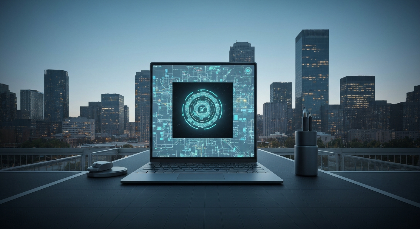 Laptop displaying glowing cybersecurity interface over a metropolitan city skyline at dusk.