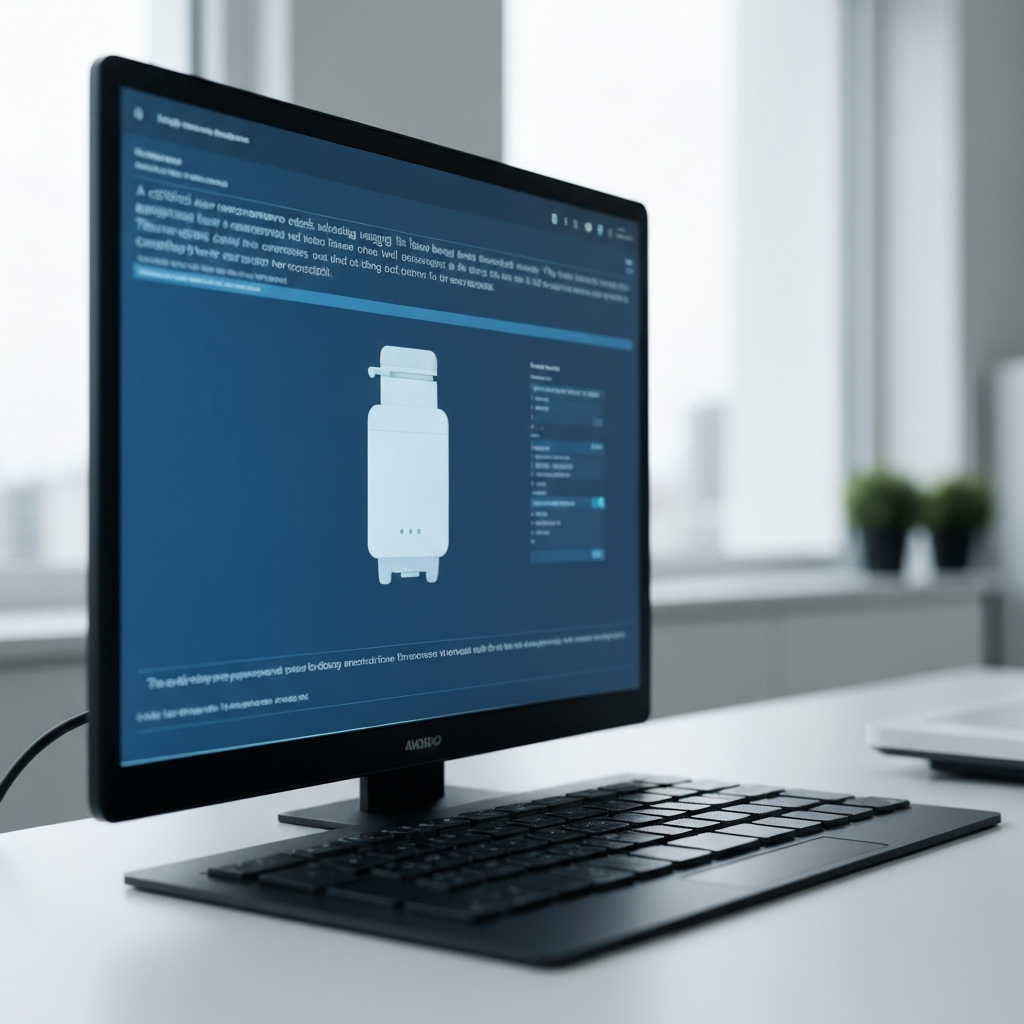 Computer monitor displaying a cybersecurity dashboard with a digital device icon and data.