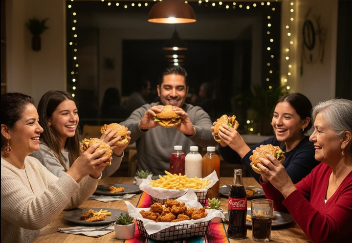 Una familia sonriendo y disfrutando de una comida mexicana juntos en una mesa decorada.