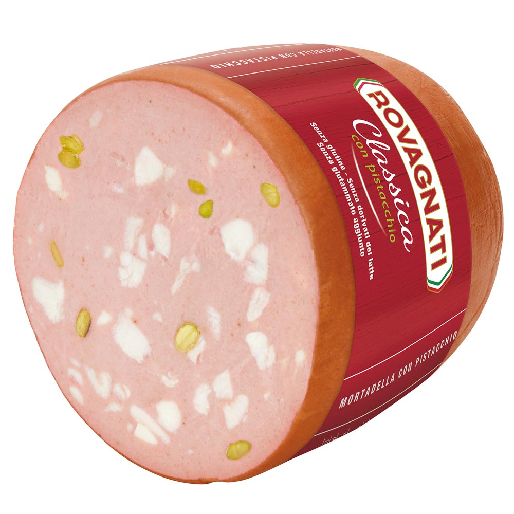 Tutto il gusto della Mortadella classica Mortadella Rovagnati arricchita dal sapore e dalla croccantezza dei pistacchi. In formato da 3 chili