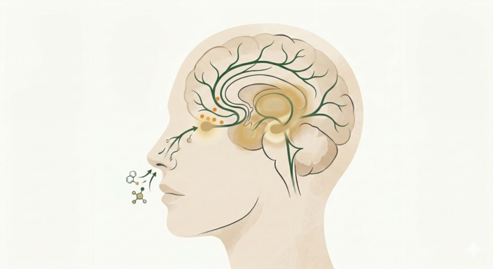 แผนภาพระบบรับกลิ่น Olfactory System แสดงเส้นทางจากจมูกสู่ Limbic System ในสมอง