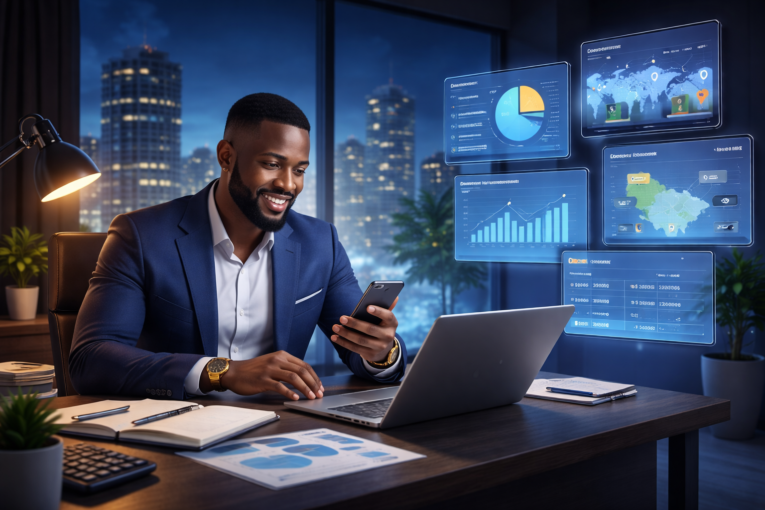 A Nigerian business owner using a tablet to manage inventory