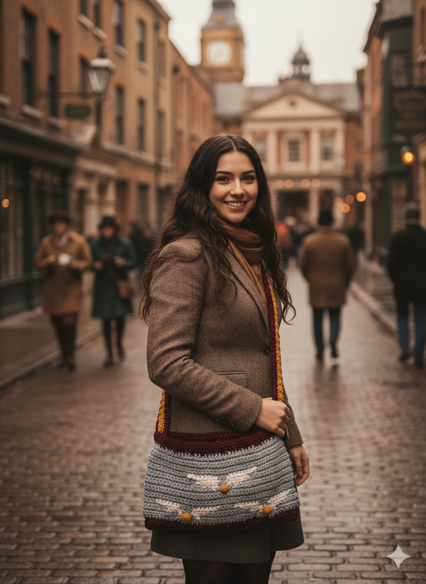 A stylish woman on a cobblestone street wearing a custom-designed crochet shoulder bag.