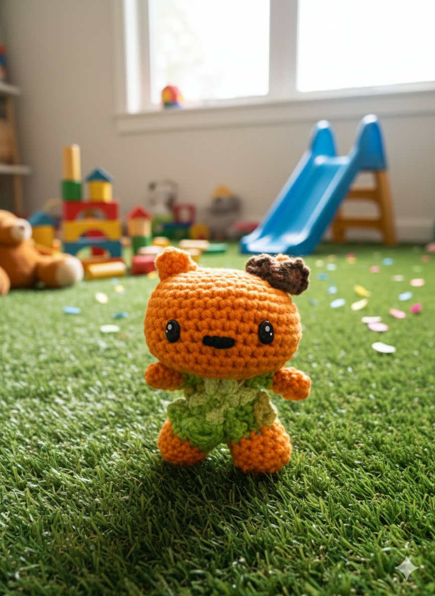 An adorable orange and green crochet creature standing on artificial grass in a child's playroom.
