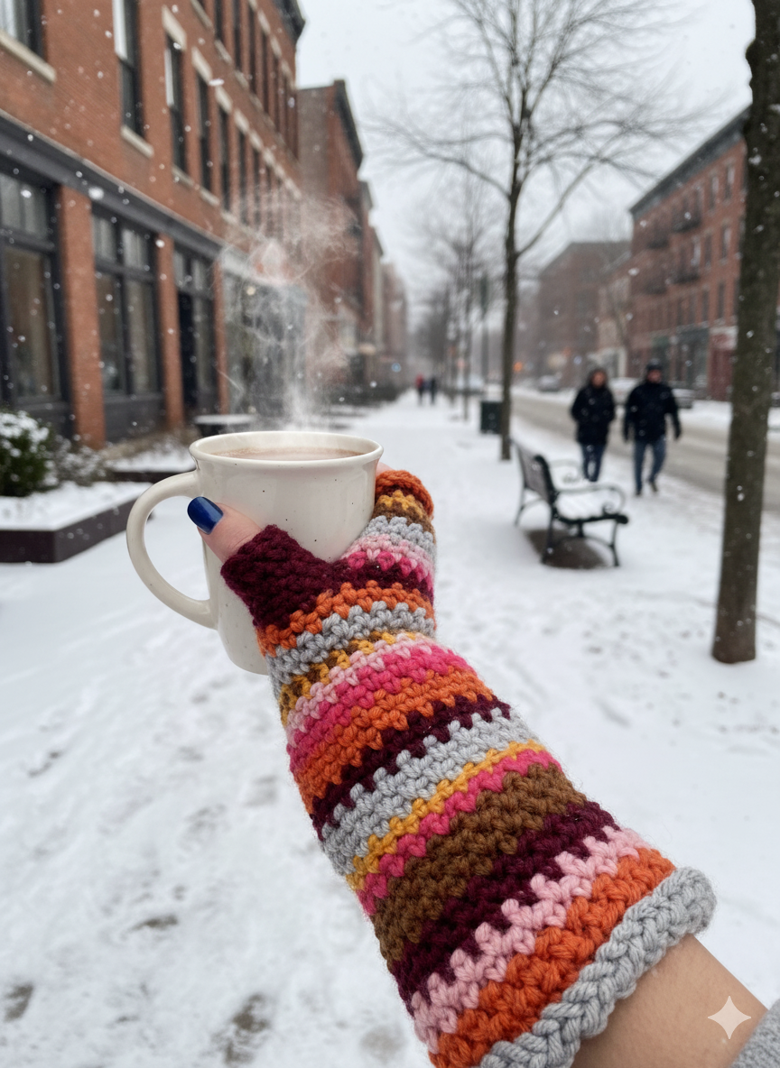 A person wearing colorful, striped crochet fingerless gloves holds a steaming mug on a snowy city street.
