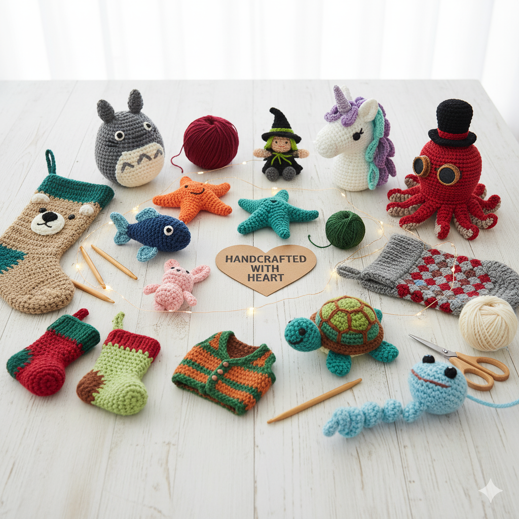 A vibrant and adorable collection of various crocheted amigurumi creatures sitting together.