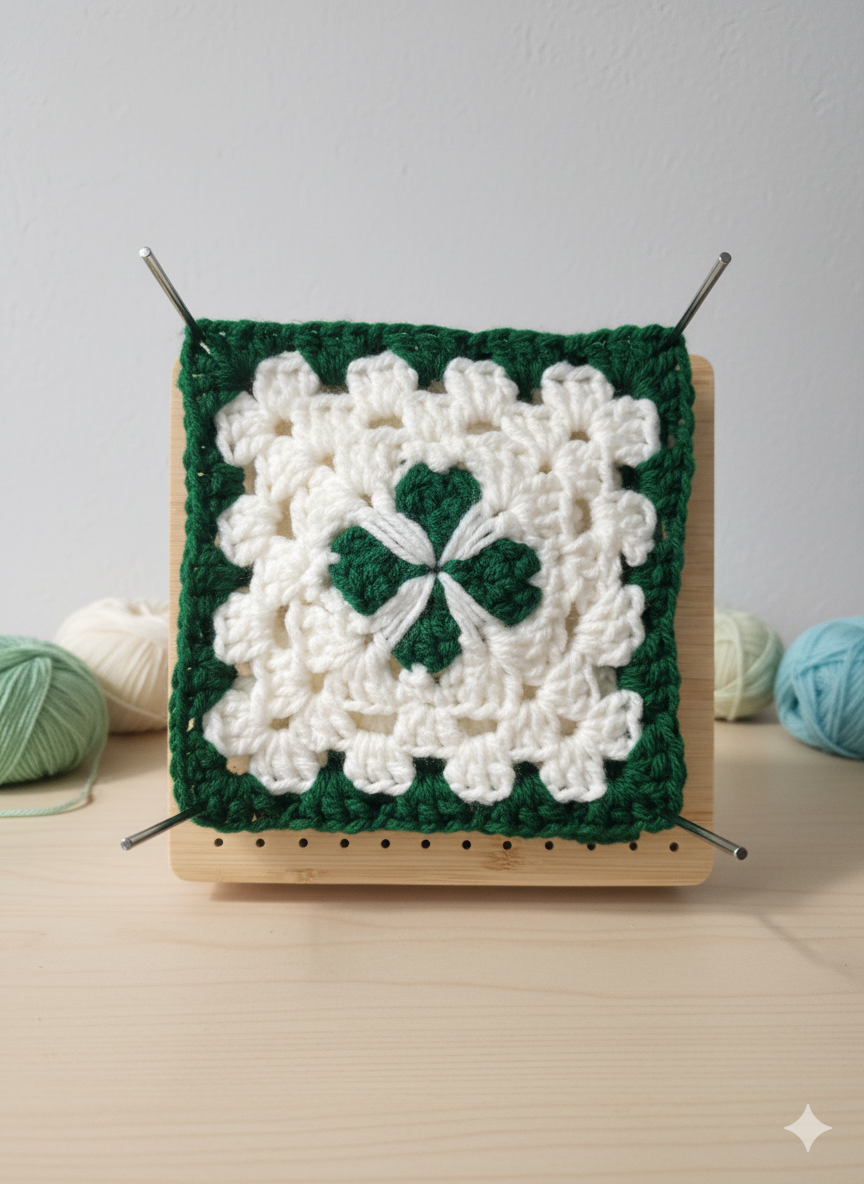 A close-up of a green and white crochet granny square with a shamrock design in the center, mounted on a wooden blocking board.