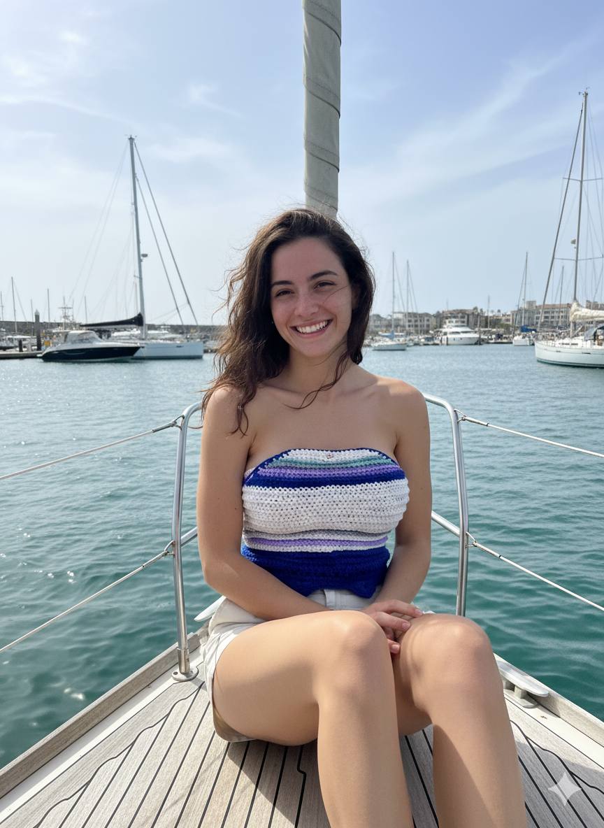 A smiling woman on a boat wearing a stylish, custom-made crochet tube top.