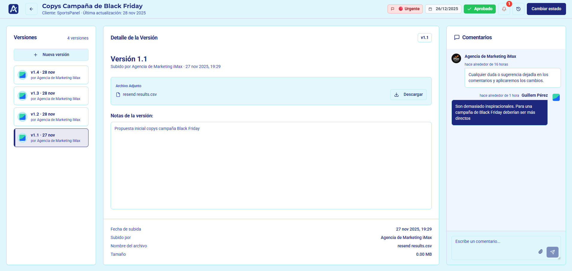 Dashboard del portal de cliente