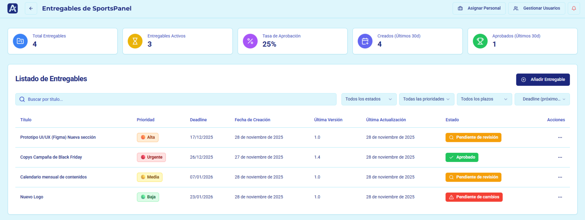 Captura de pantalla de la aplicación Aprolio mostrando un dashboard de cliente