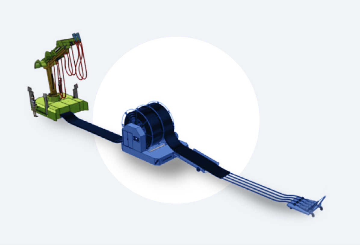 A mobile, tandem shore power unit on a busy port quay.