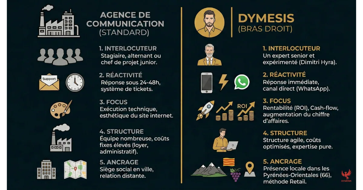Infographie comparative stratégique détaillée entre une agence de communication à Perpignan et un consultant marketing à Argelès-sur-Mer - Dimitri Hyra DYMESIS