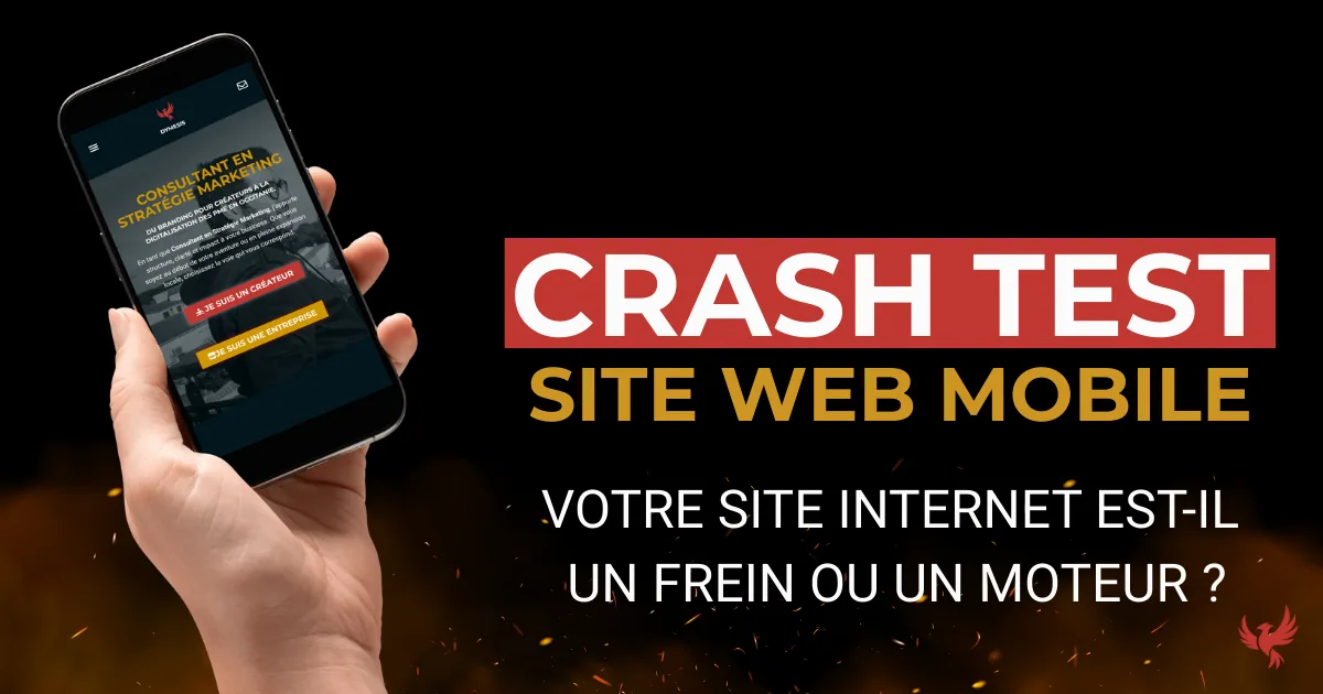 Couverture article : Main tenant un smartphone illustrant un site web mobile lent. Texte : 53% de vos clients vous fuient (Crash Test Mobile First).