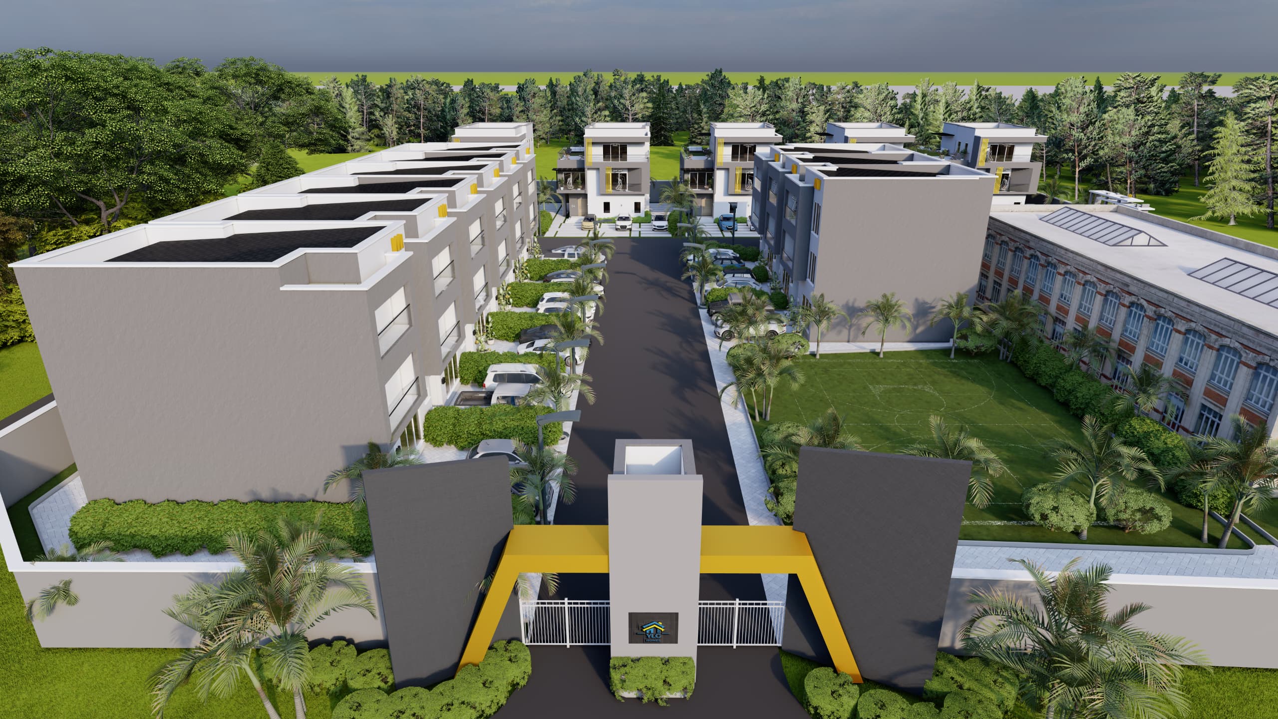 Exterior of a modern duplex estate.