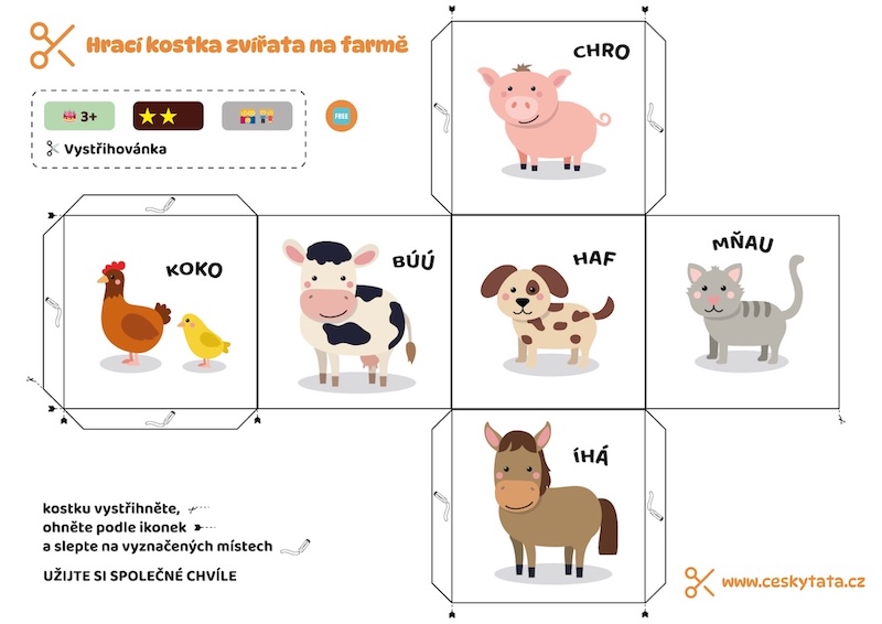 Náhled vystřihovánky hrací kostky se zvířátky