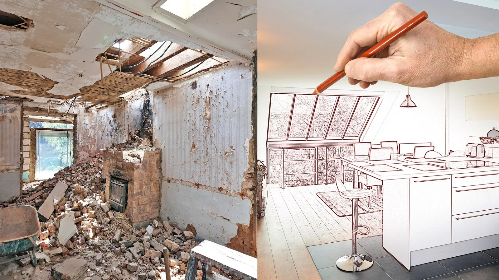 Design and build in one picture: a stripped-out room full of rubble beside a hand sketching the finished kitchen