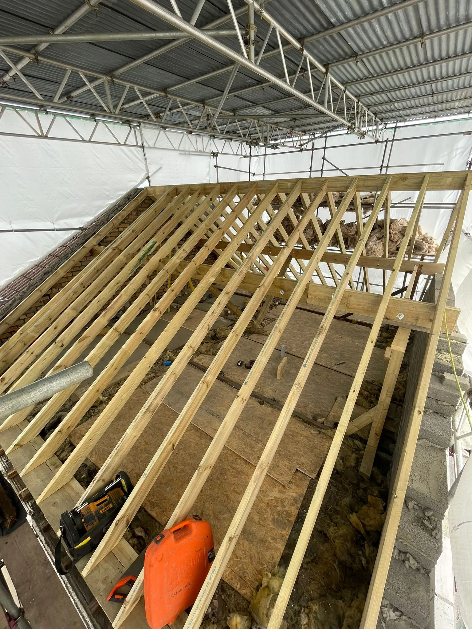 Rafters of a new roof being framed under a temporary scaffold roof