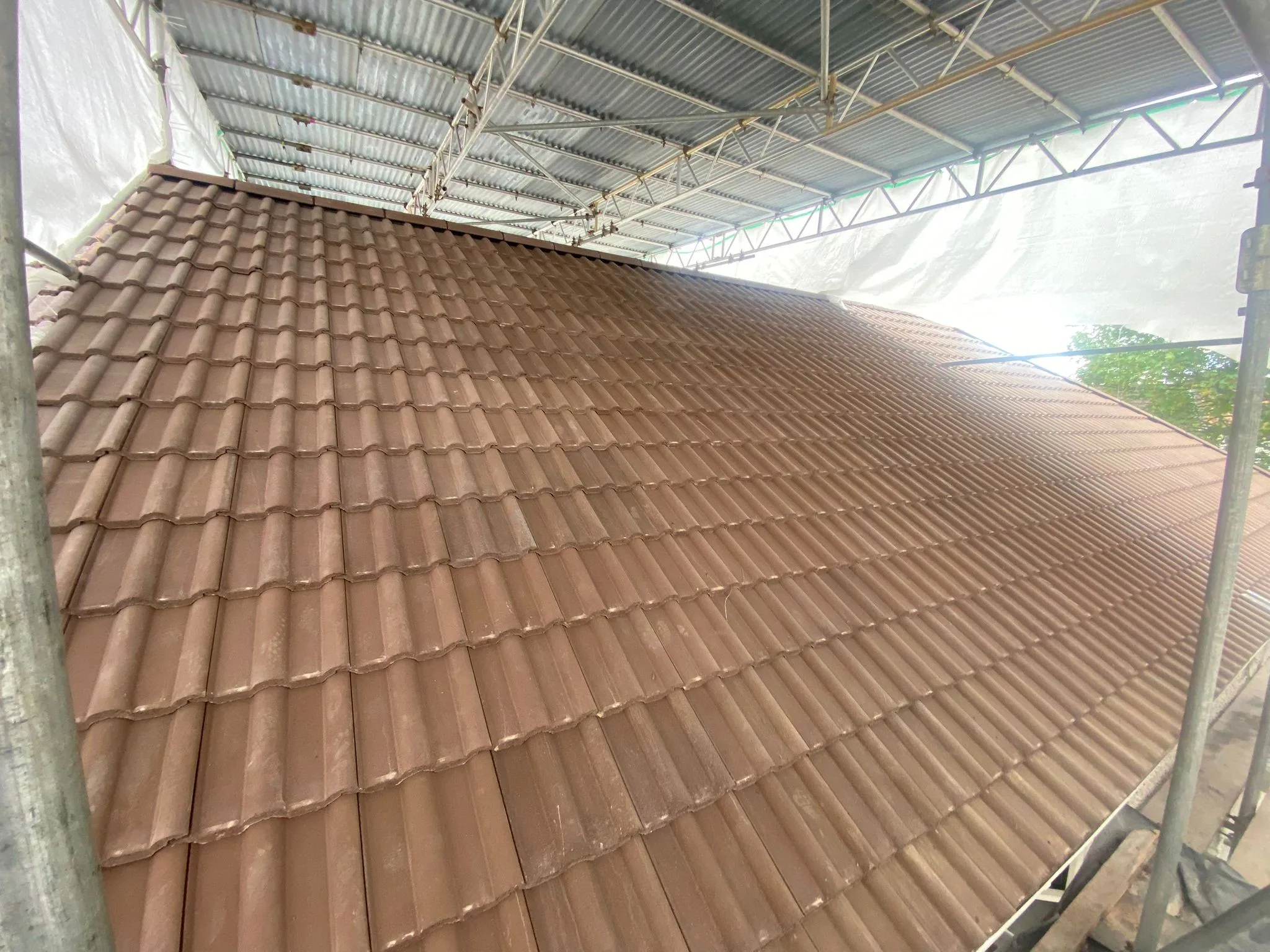 Newly laid brown double roman roof tiles on a new build roof under a scaffold canopy