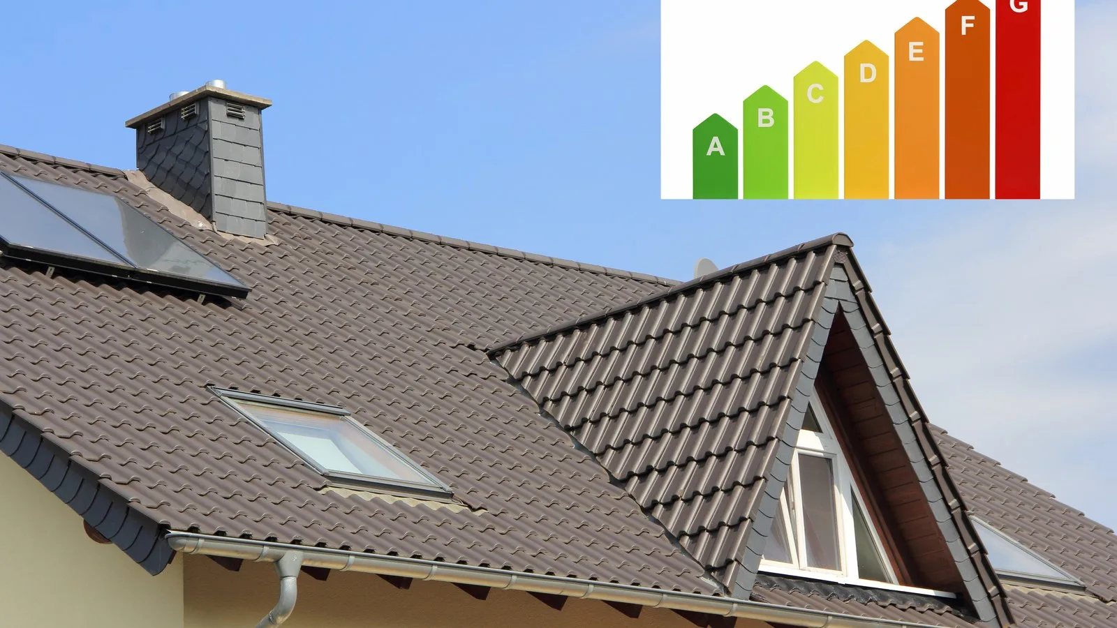 New EPC rules landlords face: a tiled roof with rooflights and solar panels, and an A to G energy rating scale